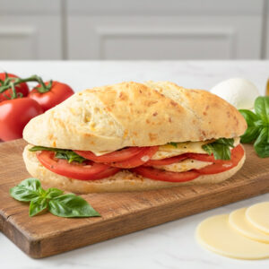 Double-cheese Caprese sandwich on a homemade baguette! Italian-Argentinian fusion